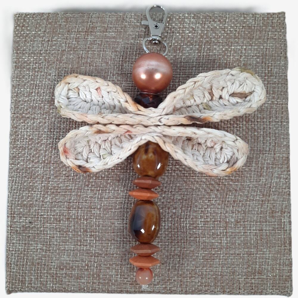 Handmade Crochet Dragonfly Bag Charm Brown Cream Fall Beaded Purse Keychain Gift